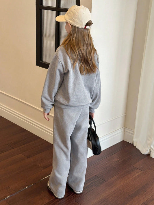 Tween Girl Knitted Thermal Lined Collared Long Sleeve Sweatshirt + Long Fashionable Outfit