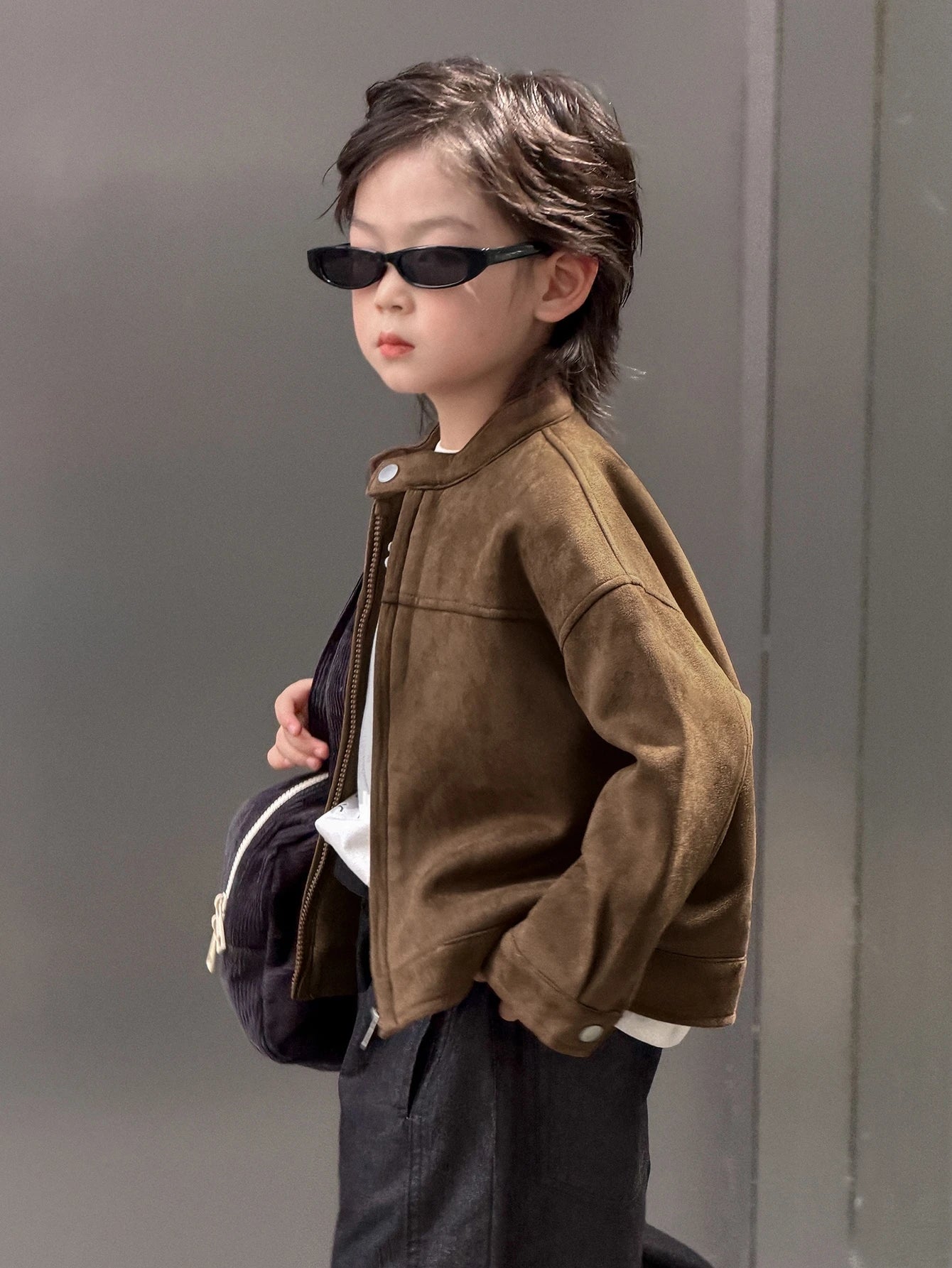 Brown Loose Zip-Up Autumn/Winter Thick Suede Fleece Long Sleeve Jacket