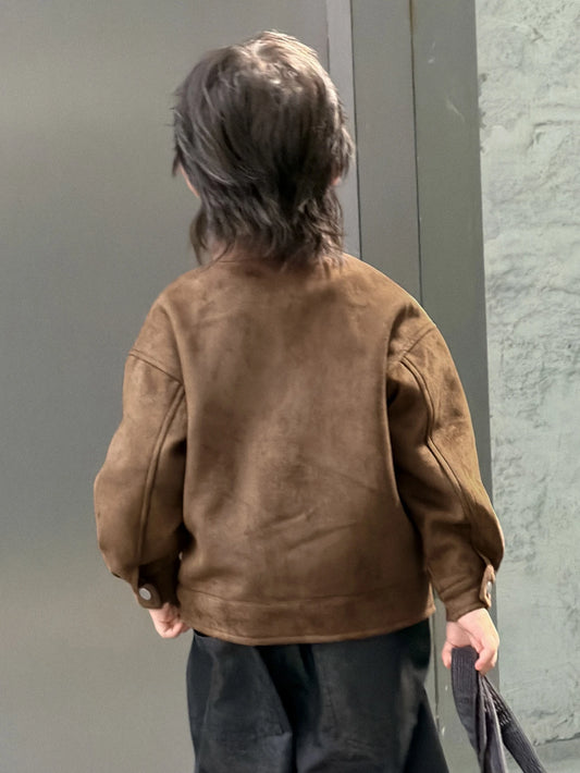 Brown Loose Zip-Up Autumn/Winter Thick Suede Fleece Long Sleeve Jacket