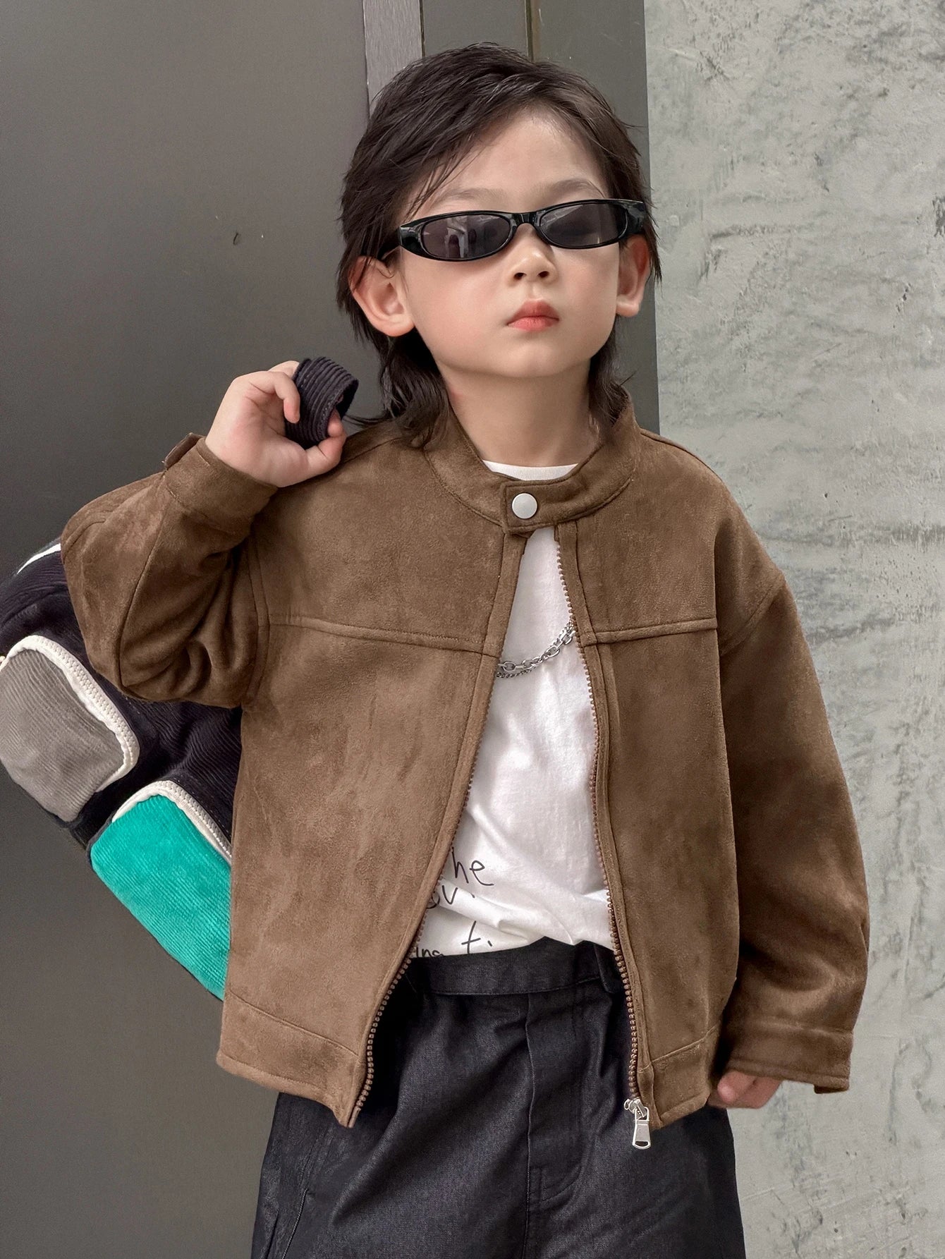 Brown Loose Zip-Up Autumn/Winter Thick Suede Fleece Long Sleeve Jacket