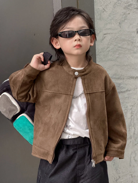 Brown Loose Zip-Up Autumn/Winter Thick Suede Fleece Long Sleeve Jacket
