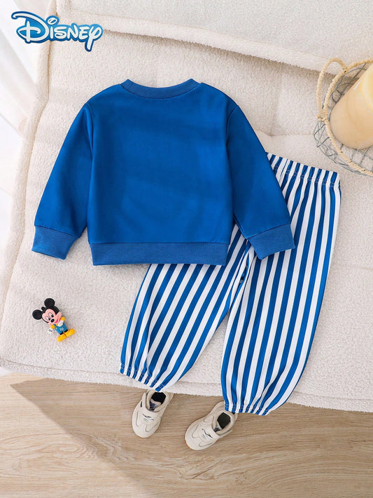 Mickey Mouse Print Long Sleeve Ribbed Sweatshirt And Elastic Waist Outfit
