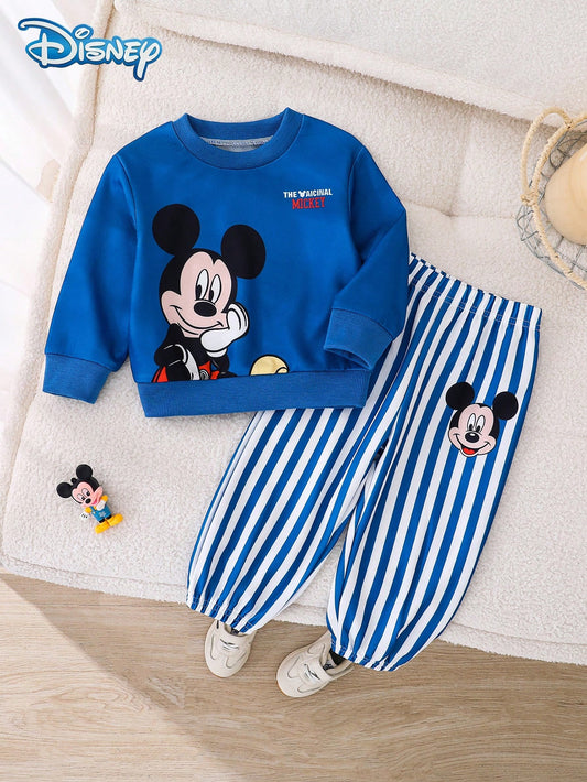 Mickey Mouse Print Long Sleeve Ribbed Sweatshirt And Elastic Waist Outfit