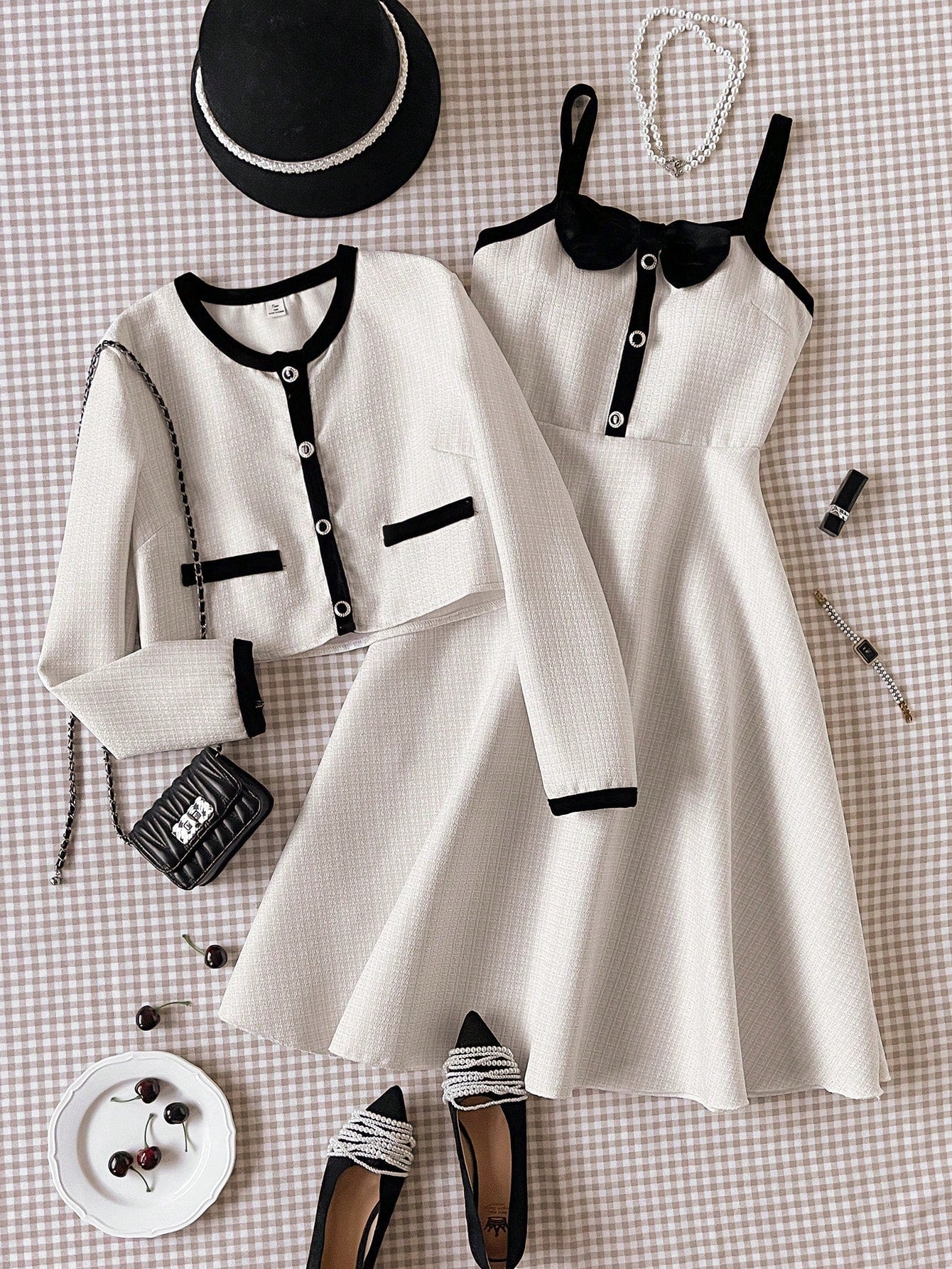 Elegant Cardigan Jacket And Bowknot Decor Slip Dress 2 Piece Set White
