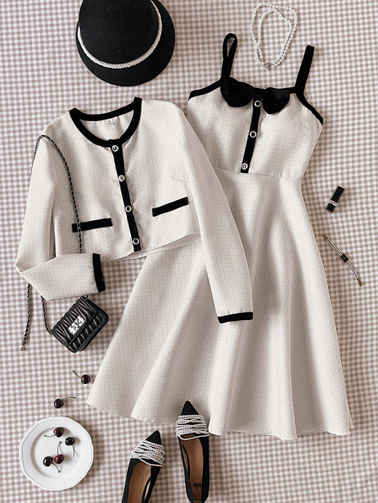 Elegant Cardigan Jacket And Bowknot Decor Slip Dress 2 Piece Set White
