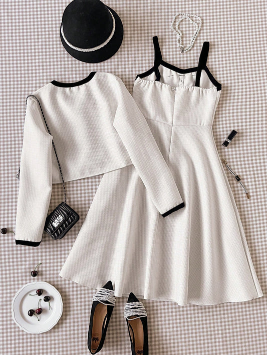 Elegant Cardigan Jacket And Bowknot Decor Slip Dress 2 Piece Set