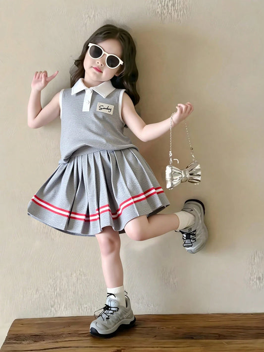 Style Polo Collar Sleeveless Knit T-Shirt Top And Pleated Skirt Set