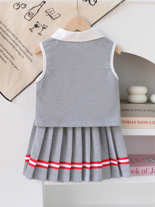Style Polo Collar Sleeveless Knit T-Shirt Top And Pleated Skirt Set