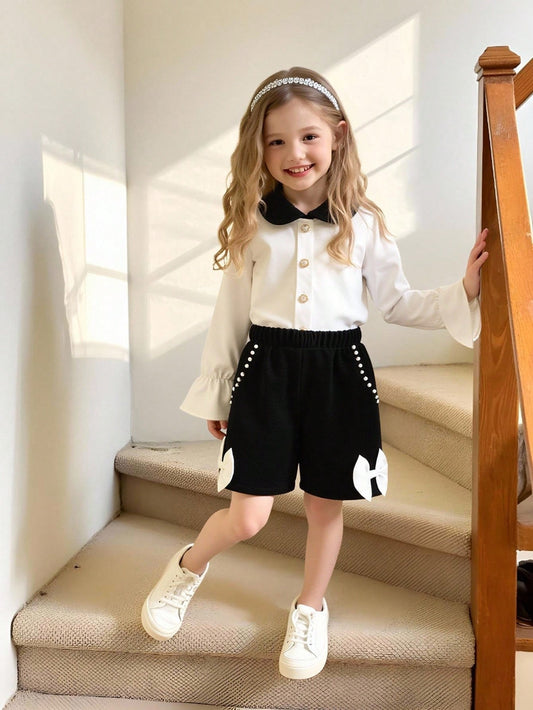 2pcs/Set Young Girl' Peter Pan Collar Colorblock Shirt And Shorts With Bow Decor