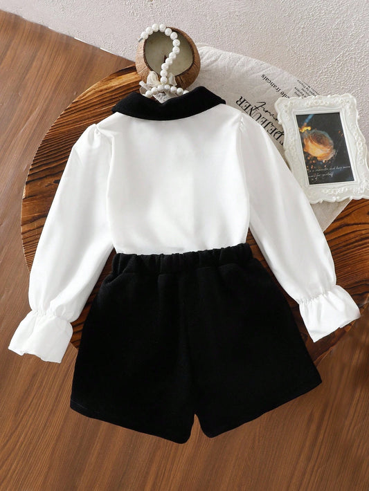 2pcs/Set Young Girl' Peter Pan Collar Colorblock Shirt And Shorts With Bow Decor