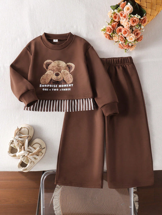 Loose Fit Brown Floral Sweatshirt 2 In 1 Bow Pattern 2 Piece Set
