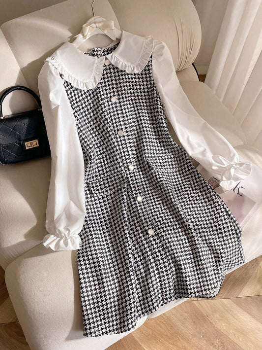 Elladie kids Girls' Plaid Patchwork Long Sleeve Ruffle Collar Fitted Dress