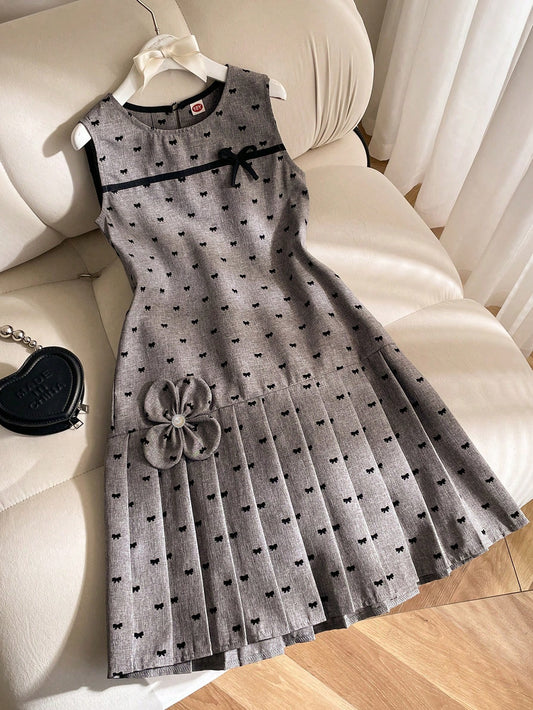 Tween Girl Elegant Sweet Bow & 3D Floral Decor Sleeveless Pleated Hem Casual Gray Dress