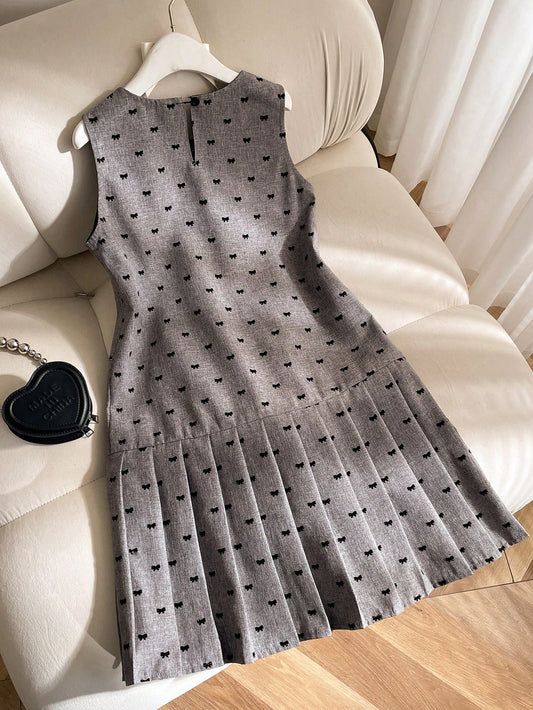 Tween Girl Elegant Sweet Bow & 3D Floral Decor Sleeveless Pleated Hem Casual Gray Dress