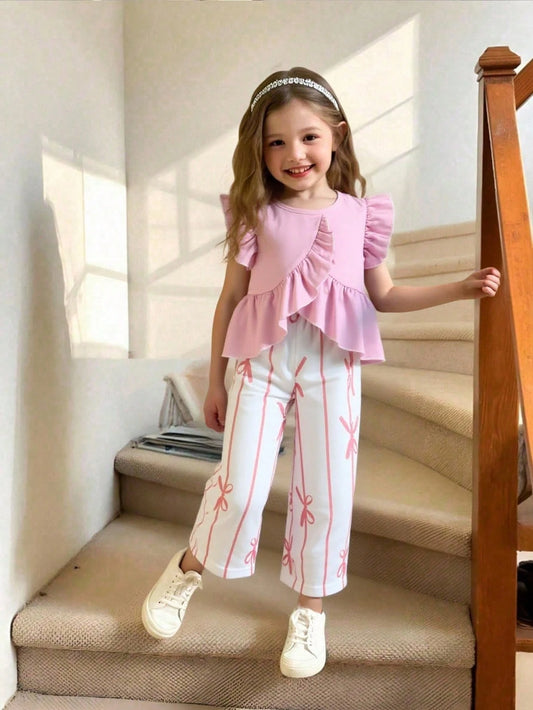 Cute Ruffle Hem Asymmetrical Hem Design & Bow Print Casual Pants Set