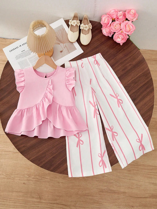 Cute Ruffle Hem Asymmetrical Hem Design & Bow Print Casual Pants Set