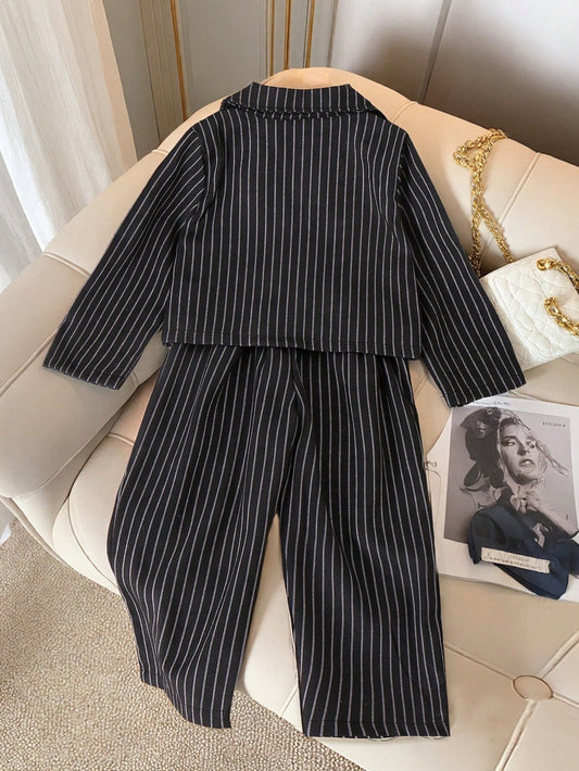 Young Girls Casual Chic Black Striped Long Sleeve Blazer Jacket Paired With Simple Long Pants