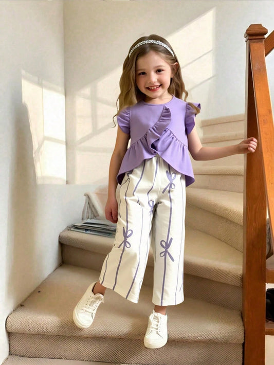 Cute Ruffle Hem Asymmetrical Hem Design & Bow Print Casual Pants Set