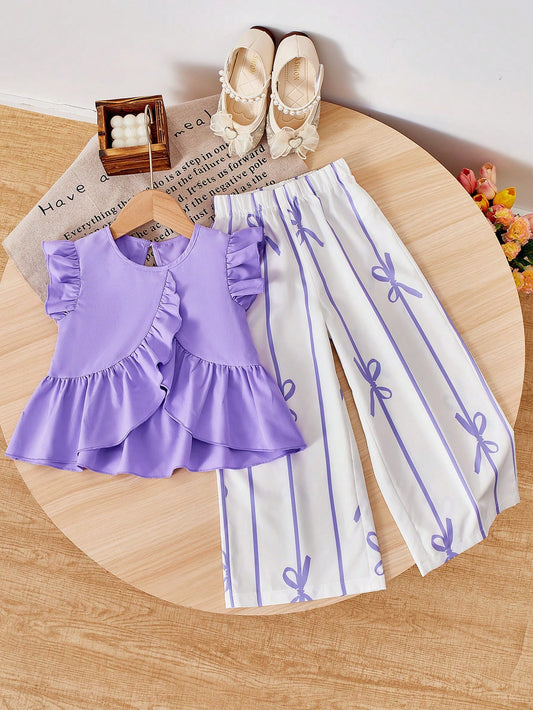 Cute Ruffle Hem Asymmetrical Hem Design & Bow Print Casual Pants Set