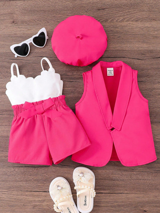 Baby Girl Solid Color Knit Jacket And Knit Romper With Hat