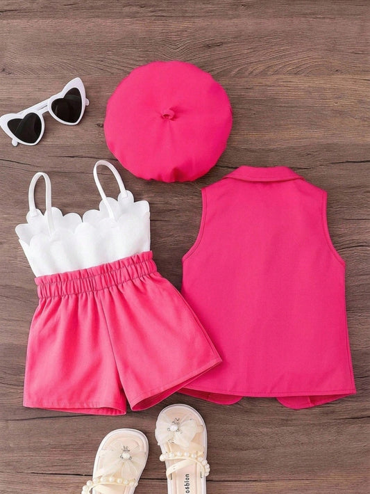 Baby Girl Solid Color Knit Jacket And Knit Romper With Hat