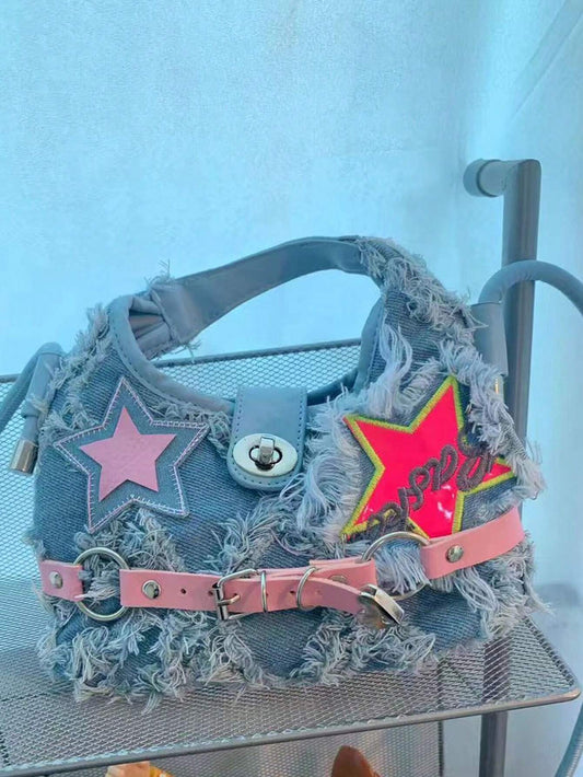 Mummy & Mee Fashion Style Y2k Versatile Star Decoration Satchel Blue