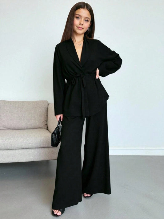 Elegant Casual Holiday Lapel Waist Tie Loose Shacket And High Waist Relaxed Pants