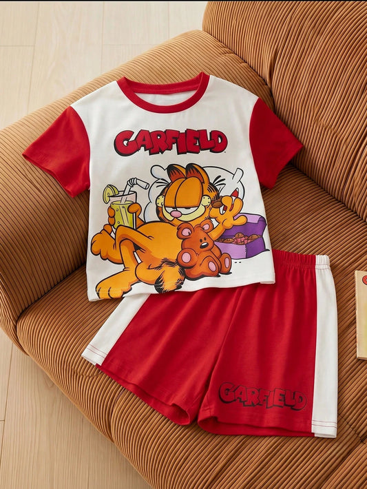 Baby Boy Cartoon Letter Print Round Neck Short Sleeve Top And Shorts Casual Loungewear Set
