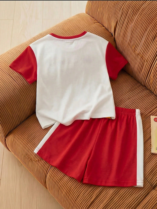 Baby Boy Cartoon Letter Print Round Neck Short Sleeve Top And Shorts Casual Loungewear Set