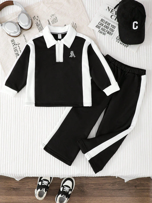 Patchwork Stand Collar Sweatshirt And Wide Leg Jogger Set Black