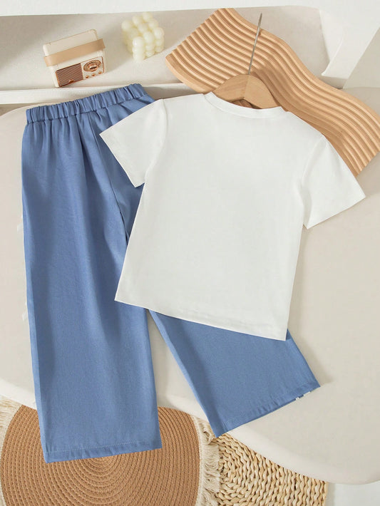 Korean Style Round Neck Short Sleeve T-Shirt With Bow Print & Rhinestone Design, Casual Straight Leg Pants