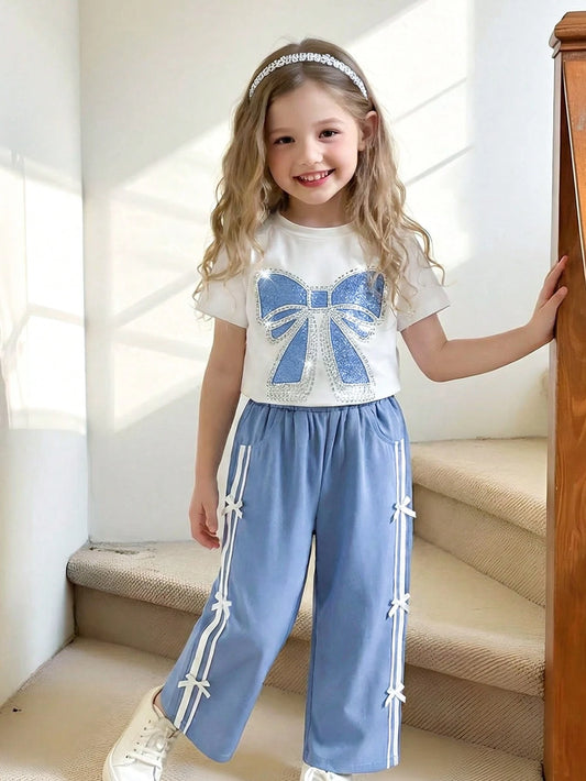 Korean Style Round Neck Short Sleeve T-Shirt With Bow Print & Rhinestone Design, Casual Straight Leg Pants