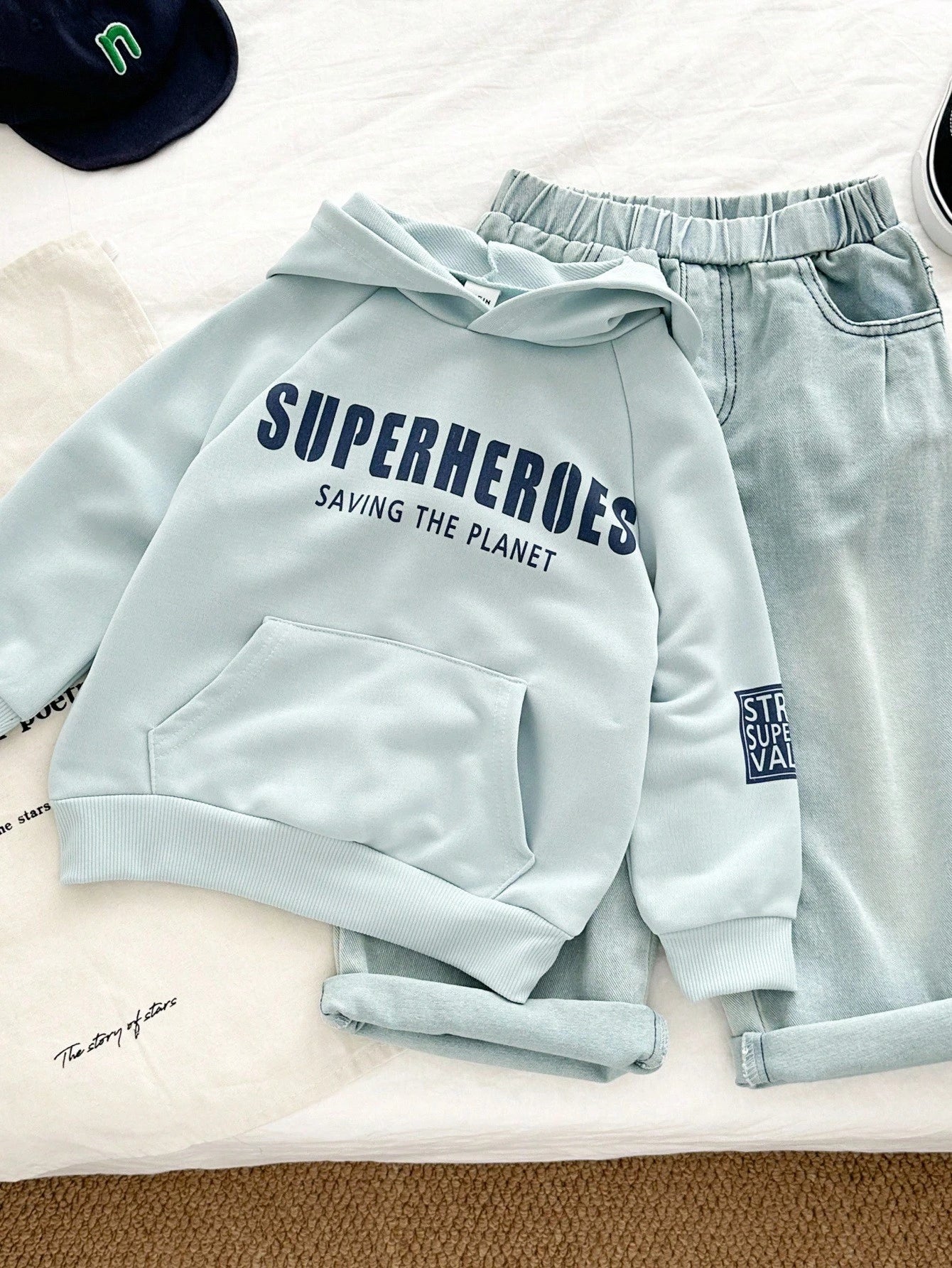 Letter Print Top & Denim Jeans 2pcs Back-To-School Outfit Blue