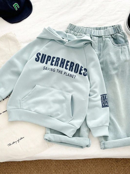 Letter Print Top & Denim Jeans 2pcs Back-To-School Outfit Blue