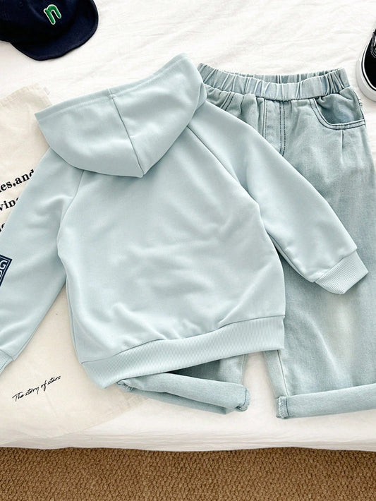 Letter Print Top & Denim Jeans 2pcs Back-To-School Outfit