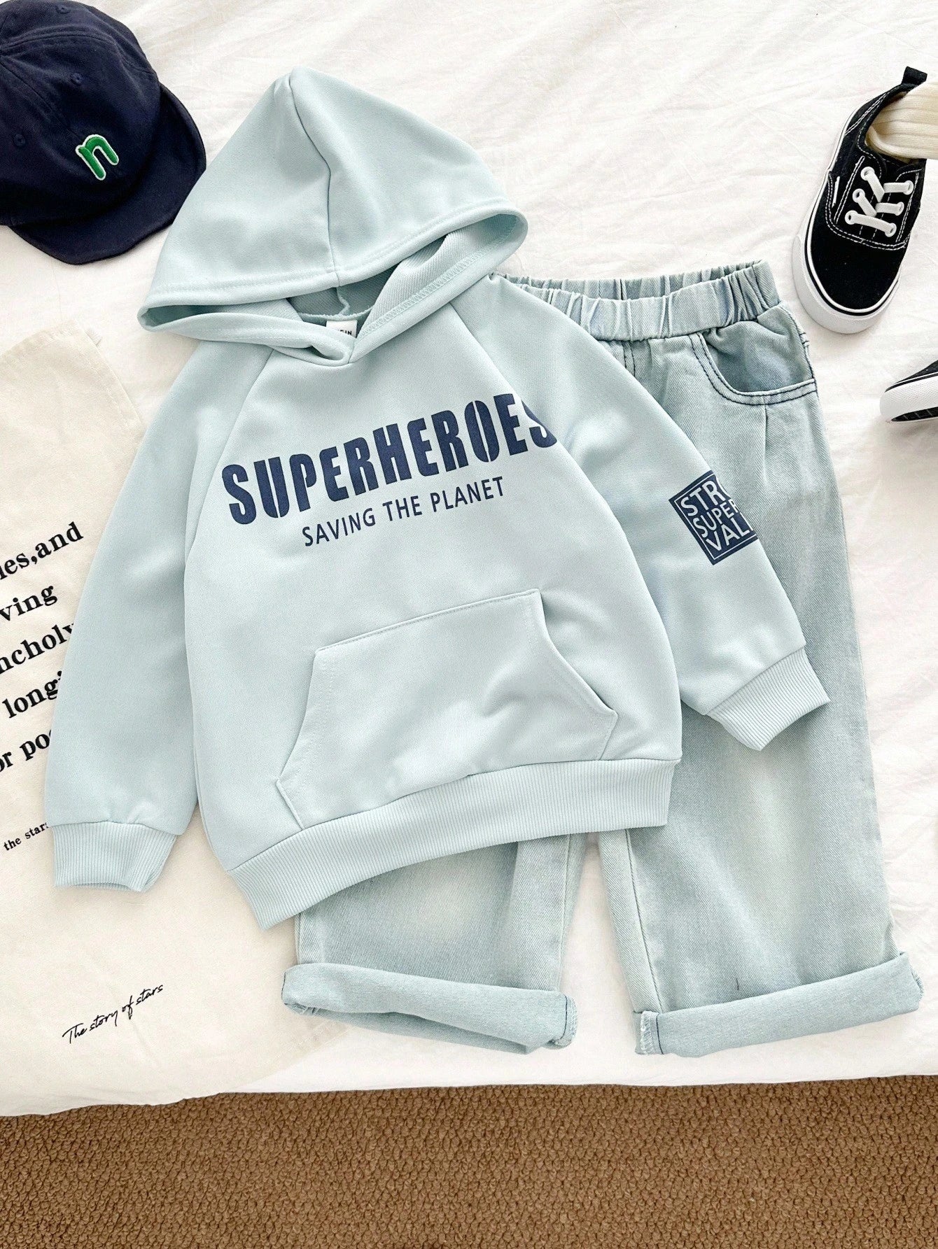 Letter Print Top & Denim Jeans 2pcs Back-To-School Outfit