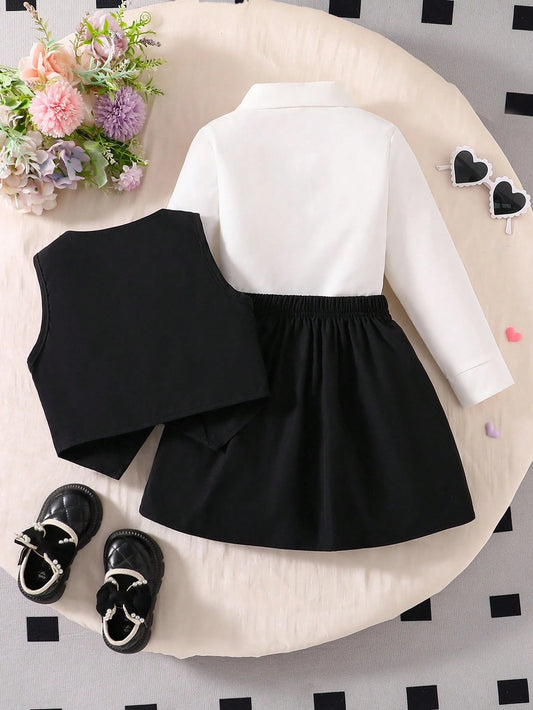 Kids Girls' School Style Long Sleeve Shirt Paired With Black Vest Set