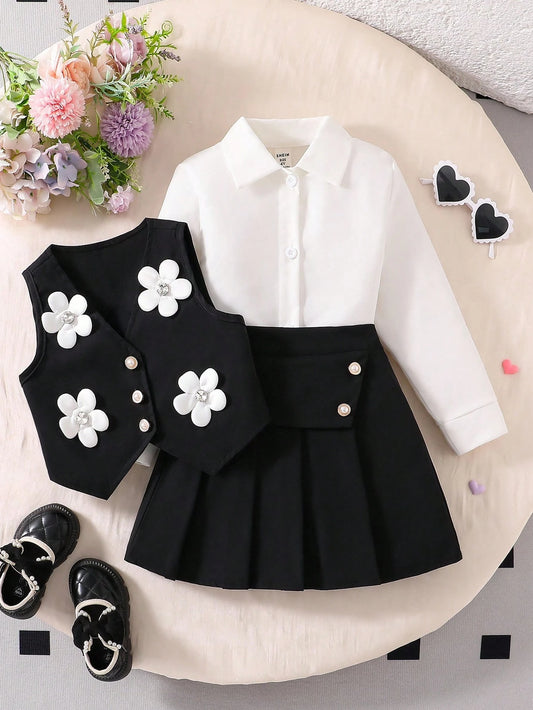 Kids Girls' School Style Long Sleeve Shirt Paired With Black Vest Set