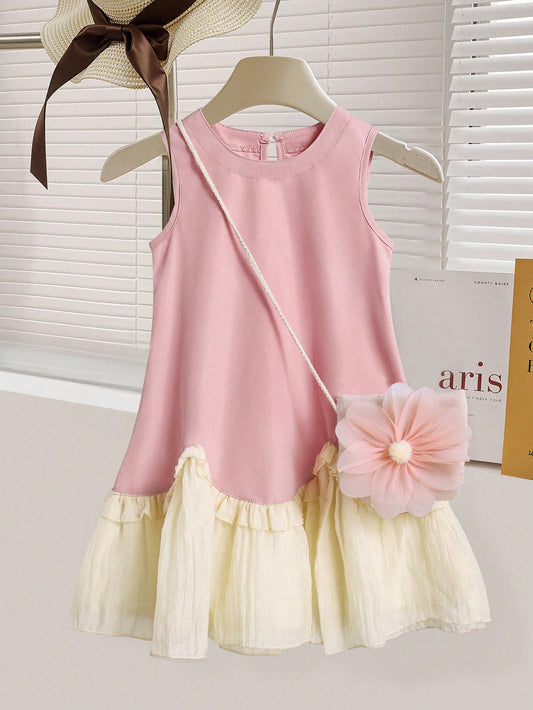 Young Girl Ruffled Hem Dress And 3D Floral Woven Handbag Set