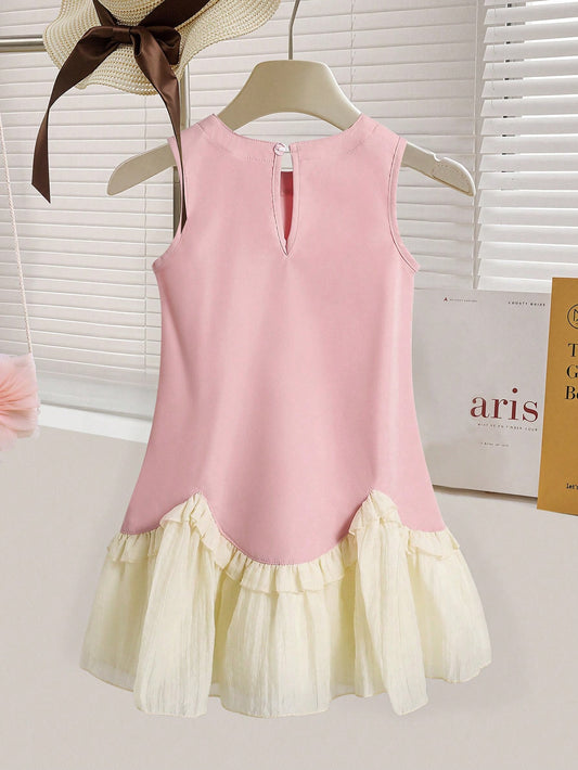 Young Girl Ruffled Hem Dress And 3D Floral Woven Handbag Set
