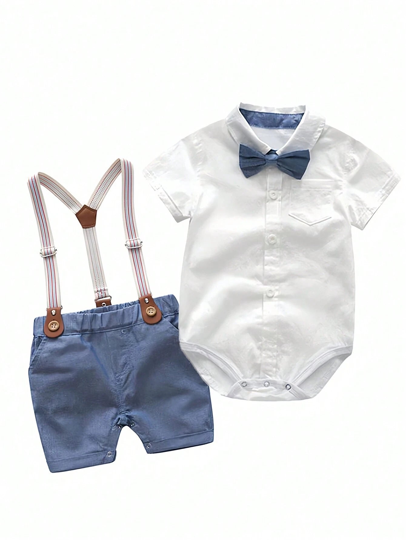 Baby Boy Solid Color Lightweight Short Sleeve Bodysuit With Suspenders Shorts Set