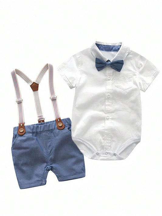 Baby Boy Solid Color Lightweight Short Sleeve Bodysuit With Suspenders Shorts Set