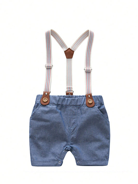 Baby Boy Solid Color Lightweight Short Sleeve Bodysuit With Suspenders Shorts Set