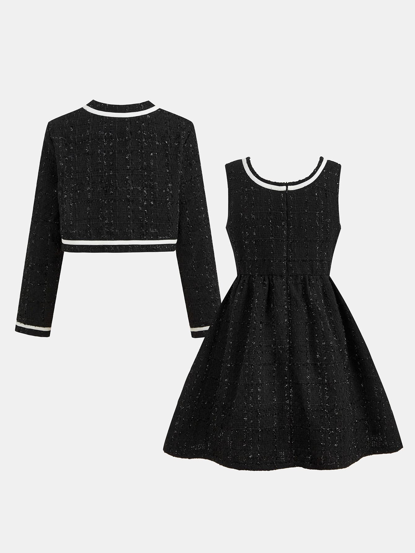 Elegant Black Tweed Cropped Jacket & Flared Dress Set