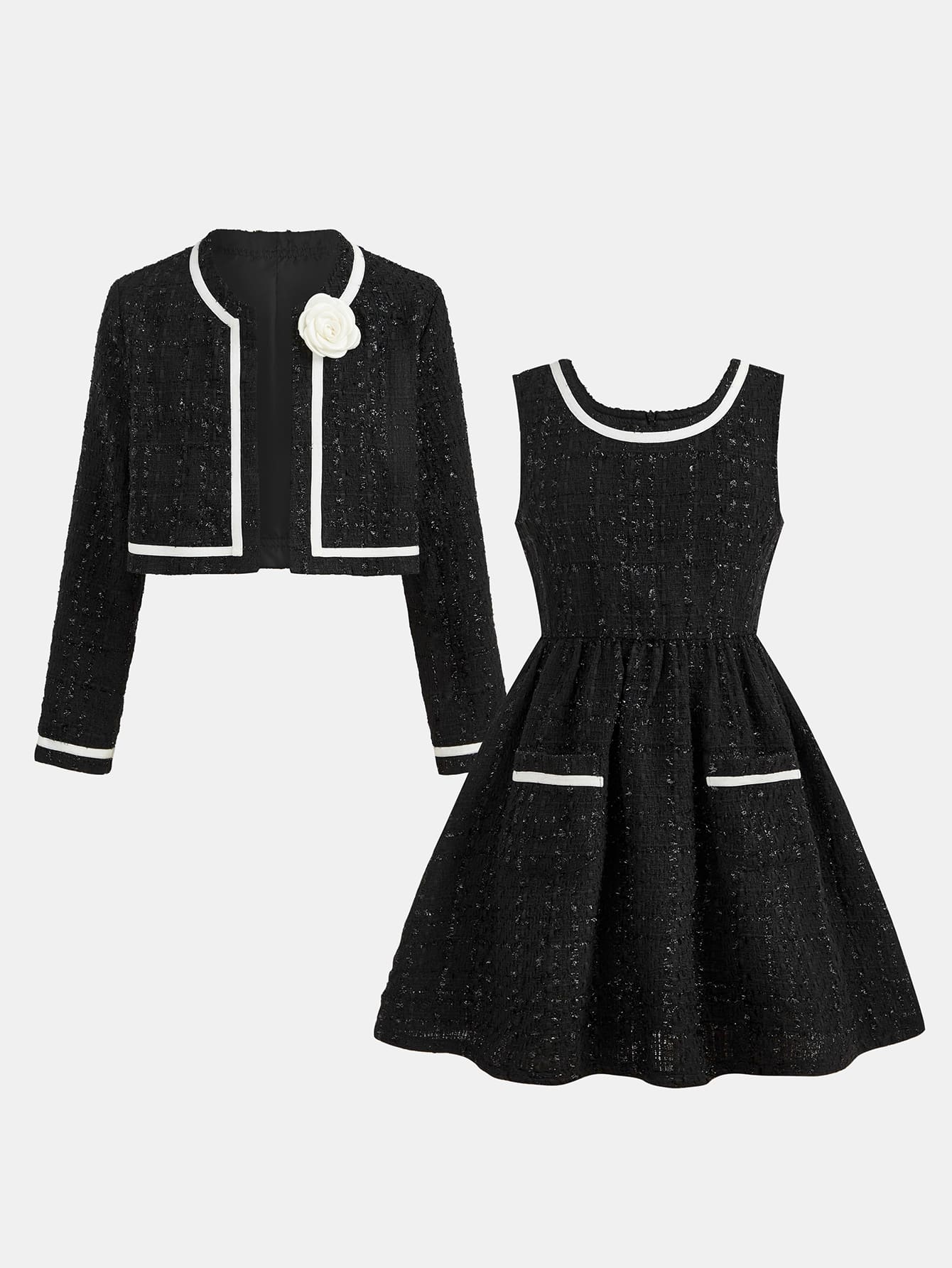 Elegant Black Tweed Cropped Jacket & Flared Dress Set
