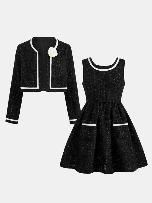 Elegant Black Tweed Cropped Jacket & Flared Dress Set