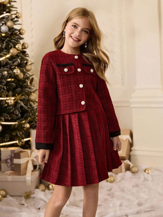Elegant Fitted Cropped Jacket With Pearl Buttons, Elastic Waist Pleated Skirt, And Solid Color Long Sleeve Top Burgundy