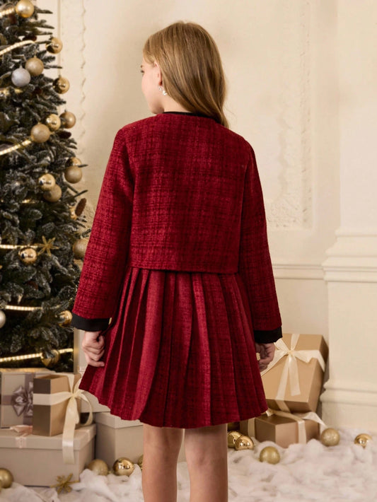 Elegant Fitted Cropped Jacket With Pearl Buttons, Elastic Waist Pleated Skirt, And Solid Color Long Sleeve Top