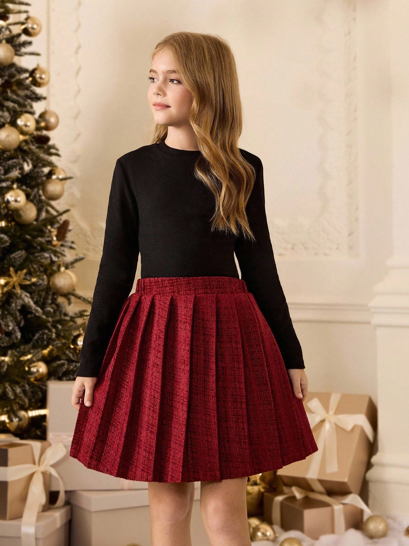 Elegant Fitted Cropped Jacket With Pearl Buttons, Elastic Waist Pleated Skirt, And Solid Color Long Sleeve Top