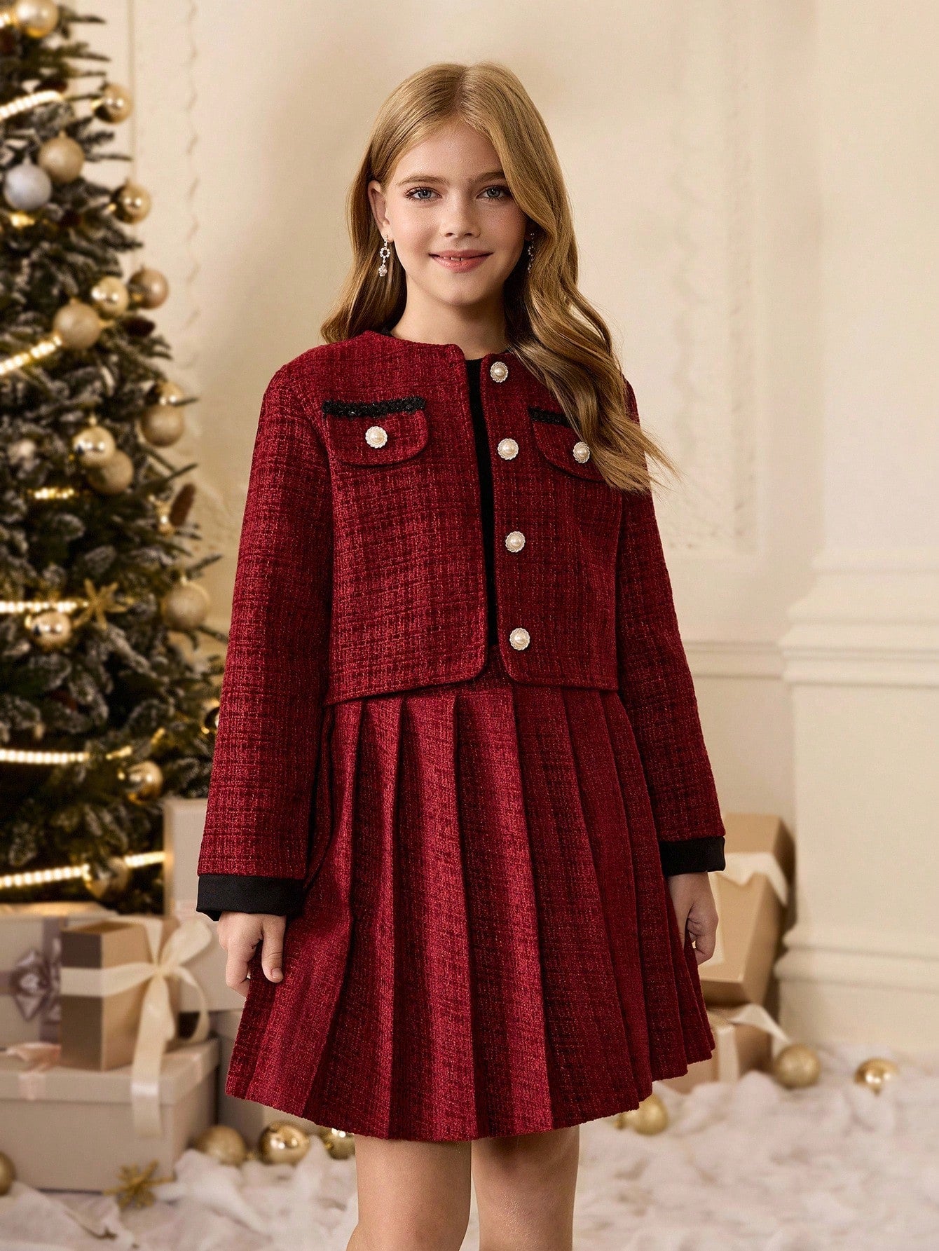 Elegant Fitted Cropped Jacket With Pearl Buttons, Elastic Waist Pleated Skirt, And Solid Color Long Sleeve Top